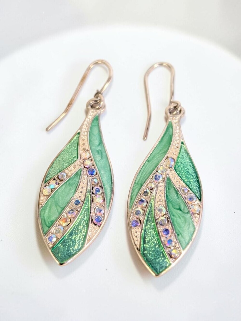 Green Enamel Leaf Dangle Earrings Iridescent Aurora Borealis Crystal Fairycore